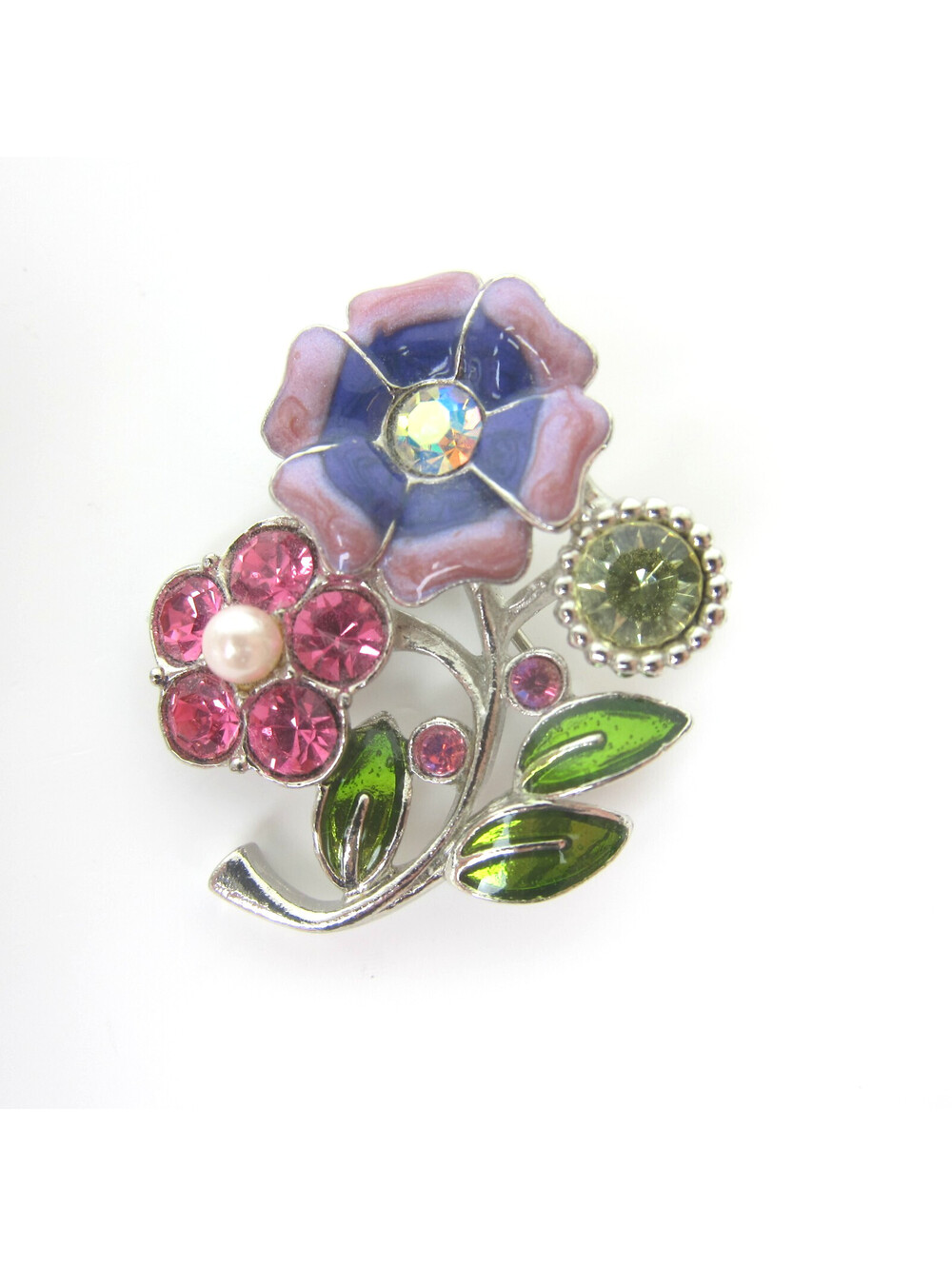 Vintage Flower Pin Brooch Pink Purple Green Enamel Rhinestones Silver tone 1.5"